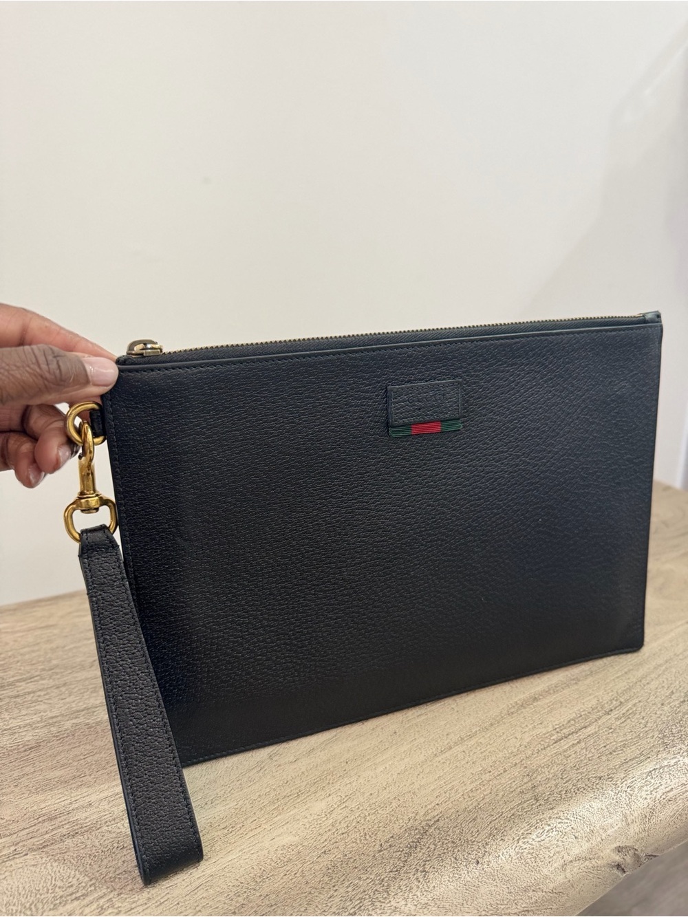 Black Leather Men's Wristlet Toiletry Pouch with Signature Stripe